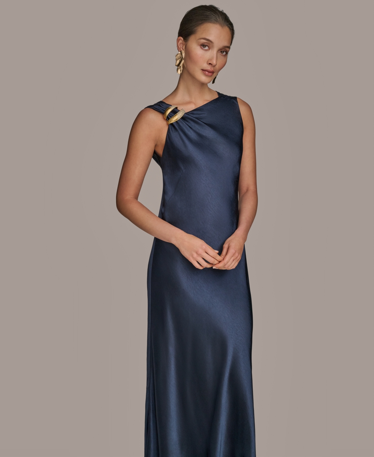 Donna Karan New York Asymmetric Cowl Back Satin Gown In Blue
