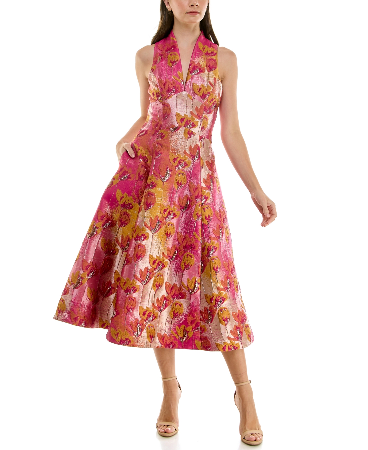 Women's Metallic Jacquard Sleeveless A-Line Dress - Fuchsia Gold