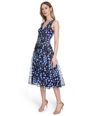 Women's Floral-Print Mesh V-Neck Midi Dress