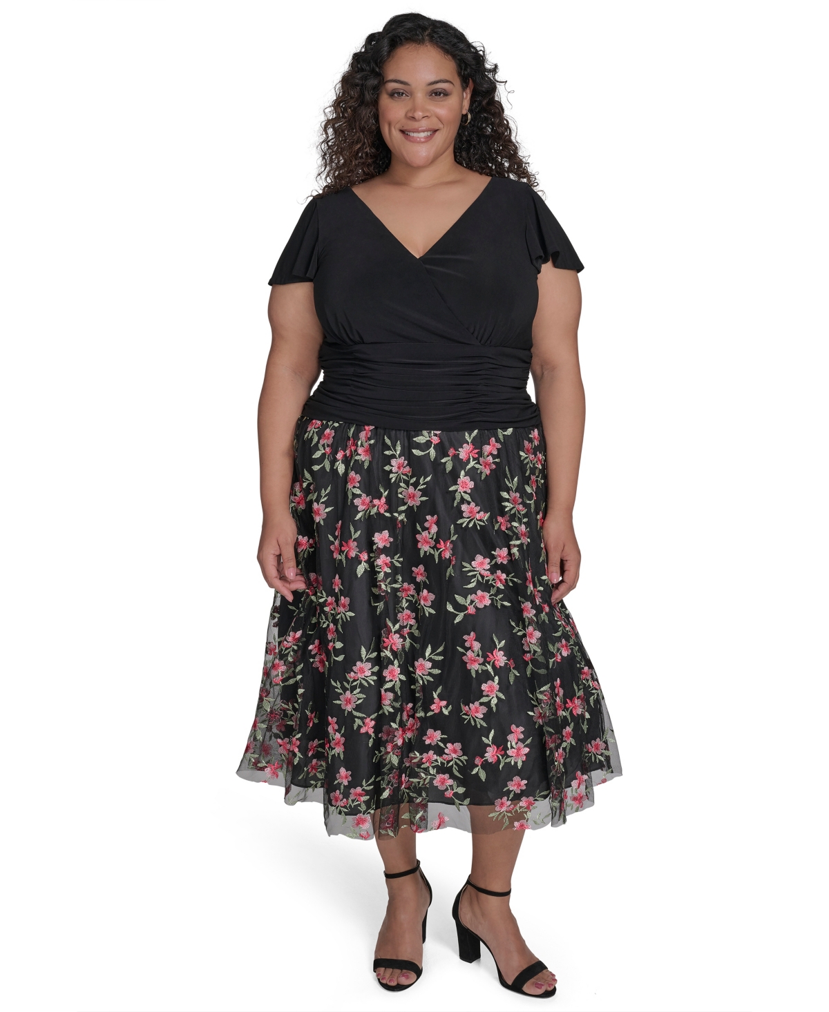 Plus Size Mixed-Media Mesh-Skirt Fit & Flare Dress - Black/Pink