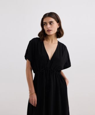 Women's V-neck Gathered Maxi Dress in Black