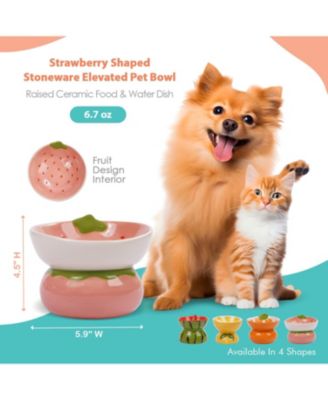 Strawberry Shaped Stoneware Elevated Pet Bowl, Raised Ceramic Food & Water Dish for Dogs and Cats