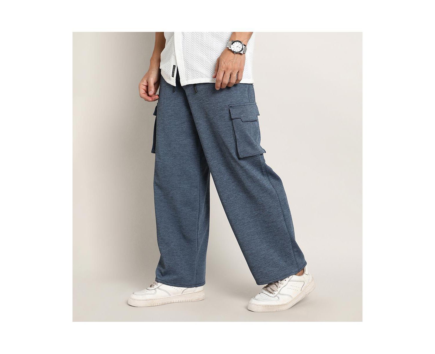 Men's Prussian Blue Heathered-Relaxed Cargo Trousers
