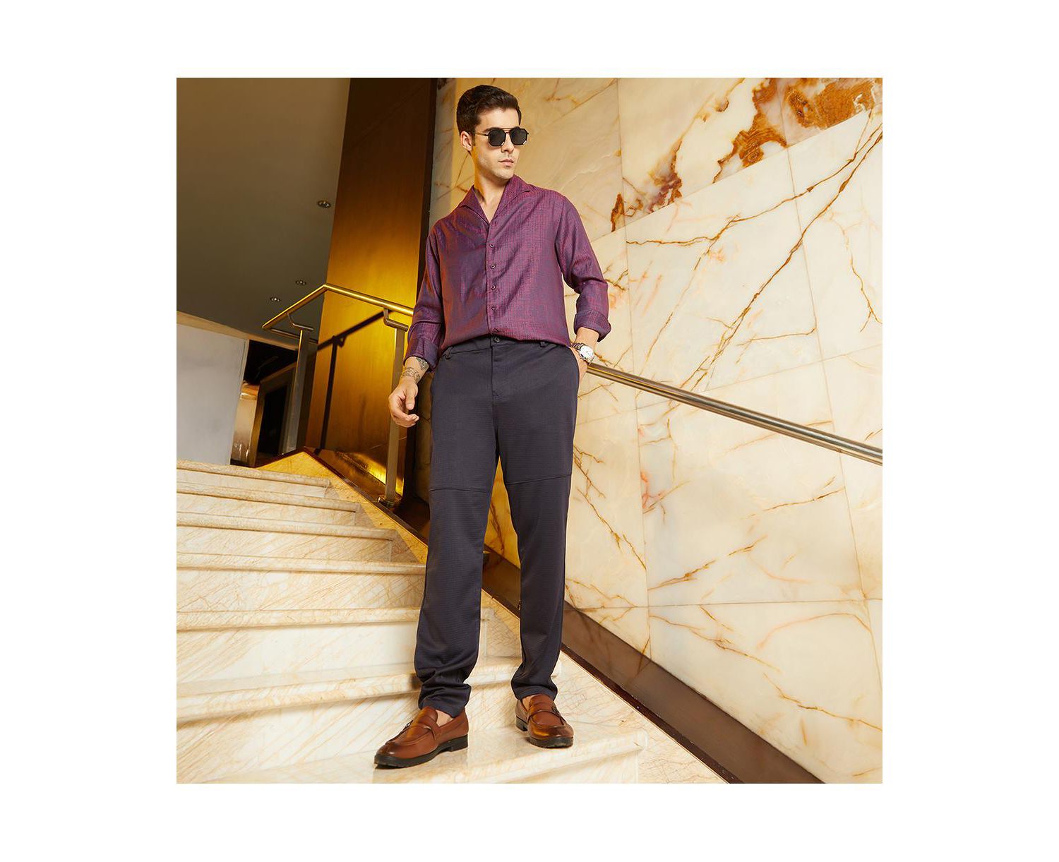 Men's Midnight Black Panel-Waffle Chino Trousers