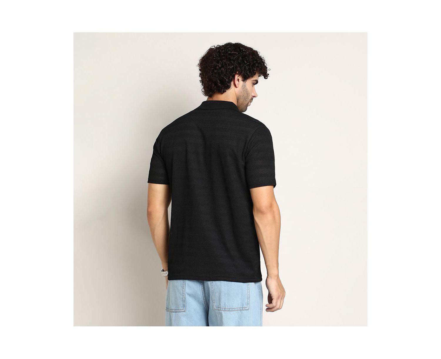 Men's Onyx Black Panel-Tactile Cuban Polo T-Shirt