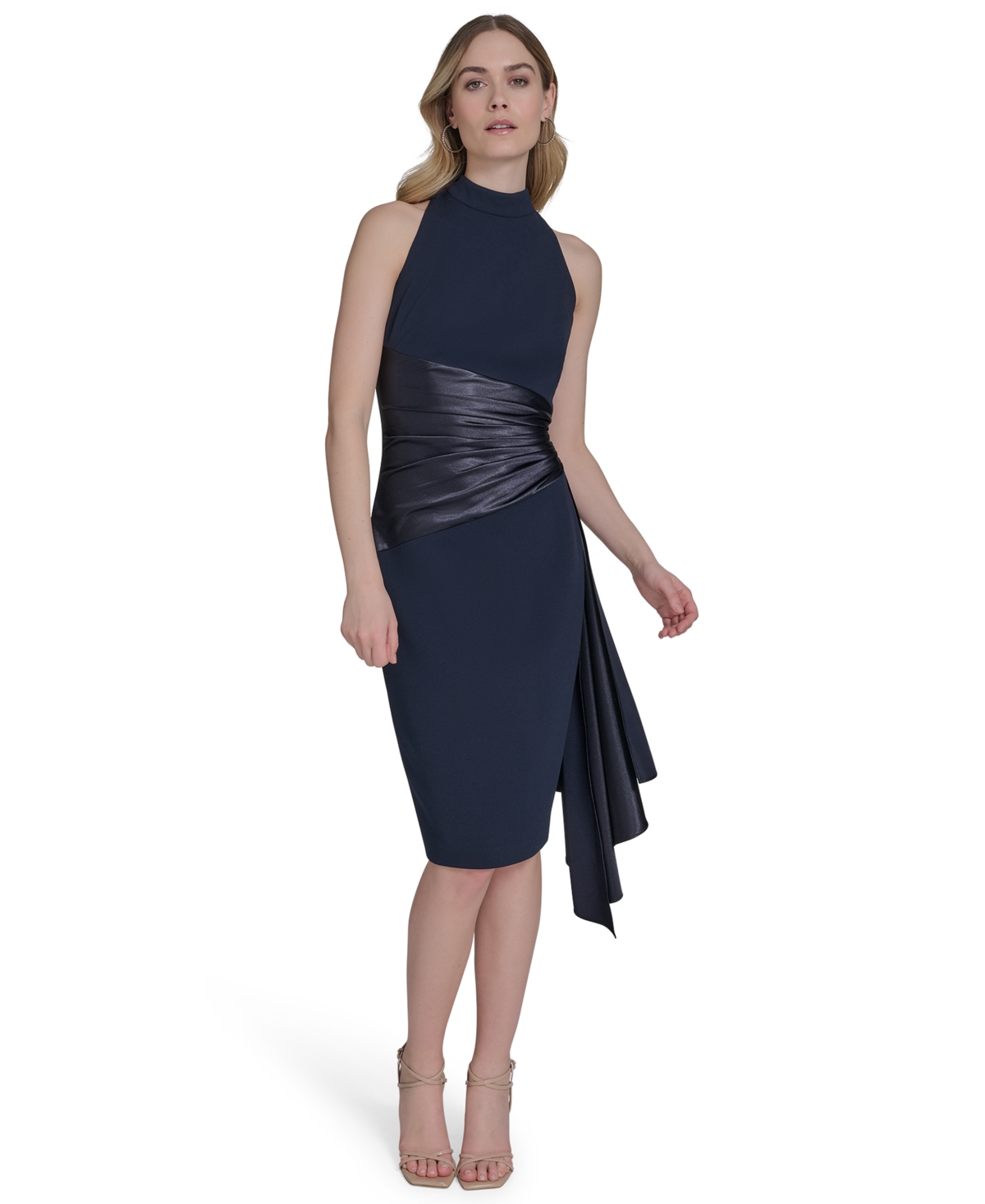 Women's Waist-Wrap Scuba Sleeveless Midi Dress - Navy