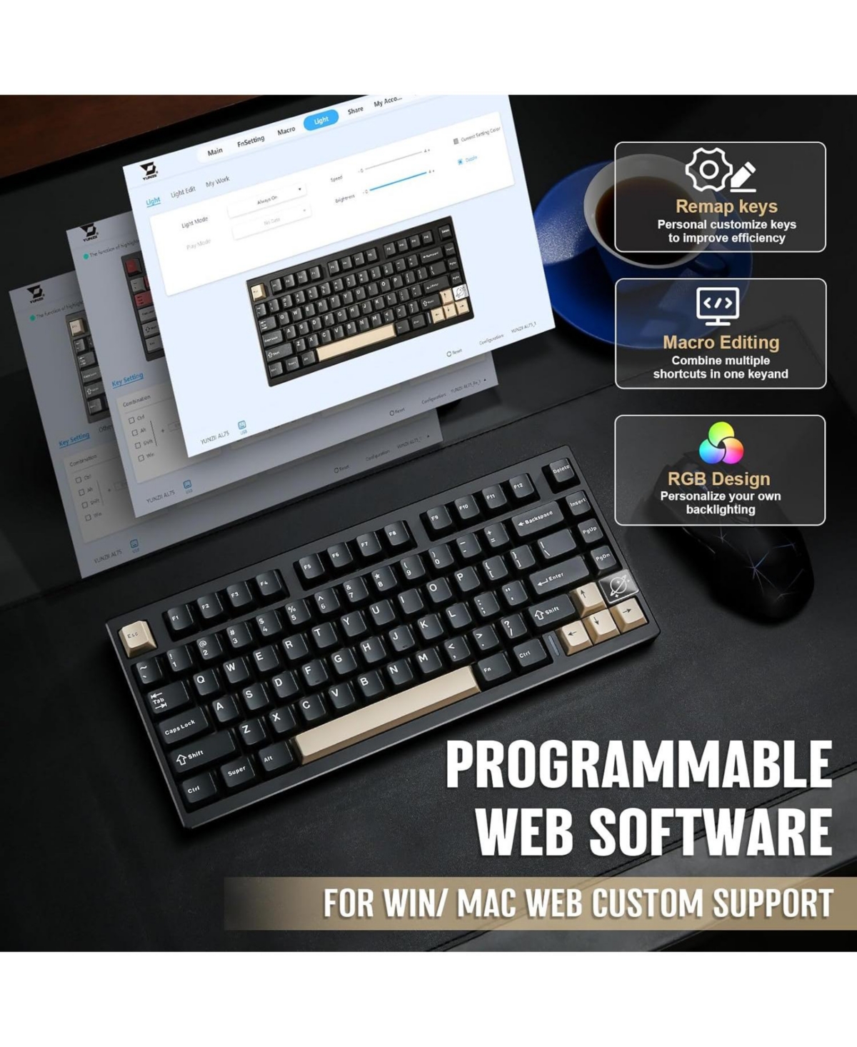 Yunzii AL75 Pro 75% Wireless Mechanical Gaming Keyboard,Full Aluminum Cnc,Bt/2.4G/Wired,Pbt Keycaps,Gasket Mounted Hot Swap,Custom Rgb Backlight