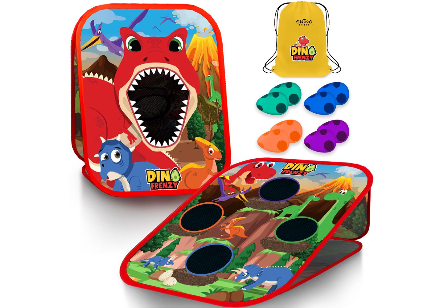 Детская игрушка SWOOC Dino Frenzy 2-in-1 Cornhole Game, 20" x 23", For 2-8 Players, Ages 3+ — фото 1
