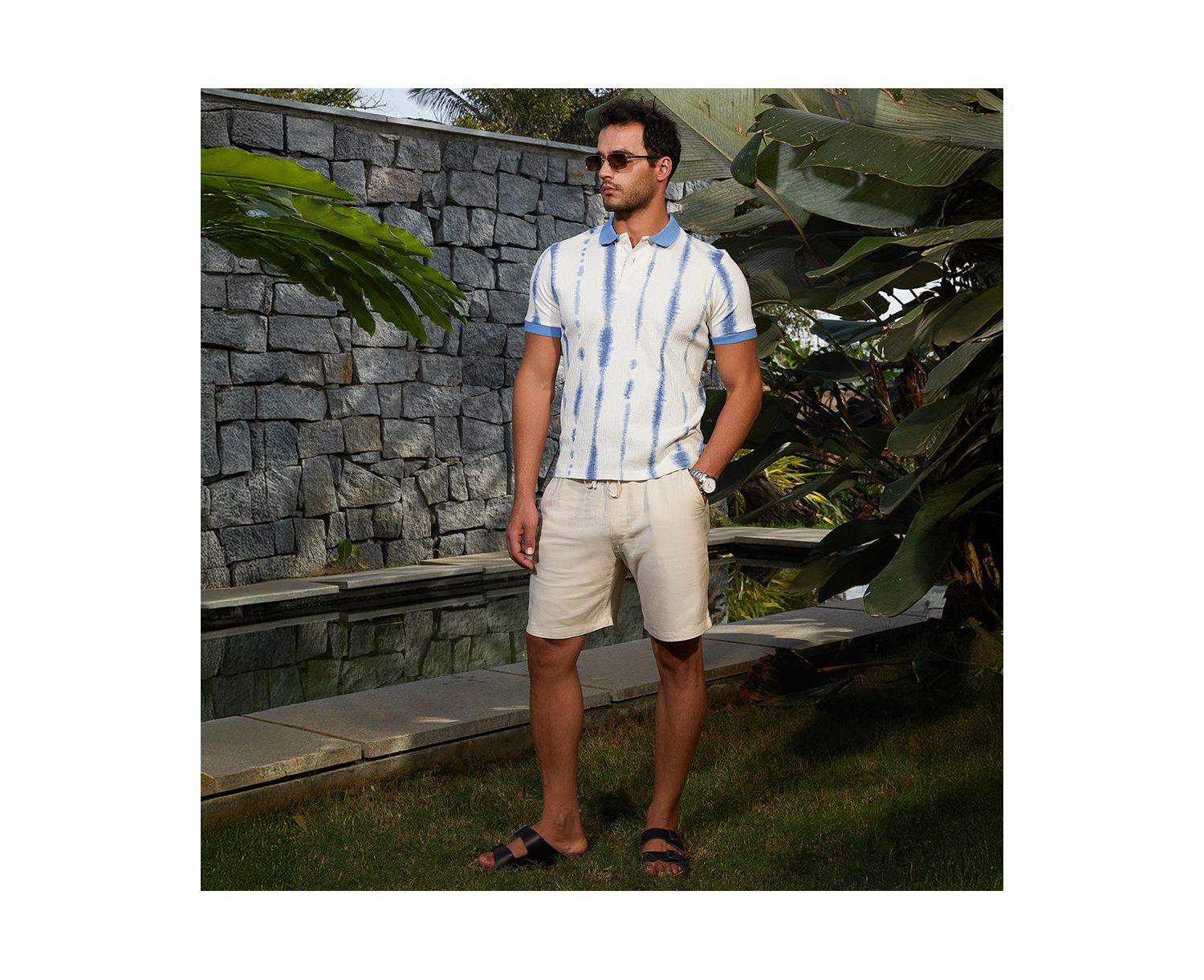 Men's Powder Blue and Daisy White Tie-Dye Tactile Polo T-Shirt