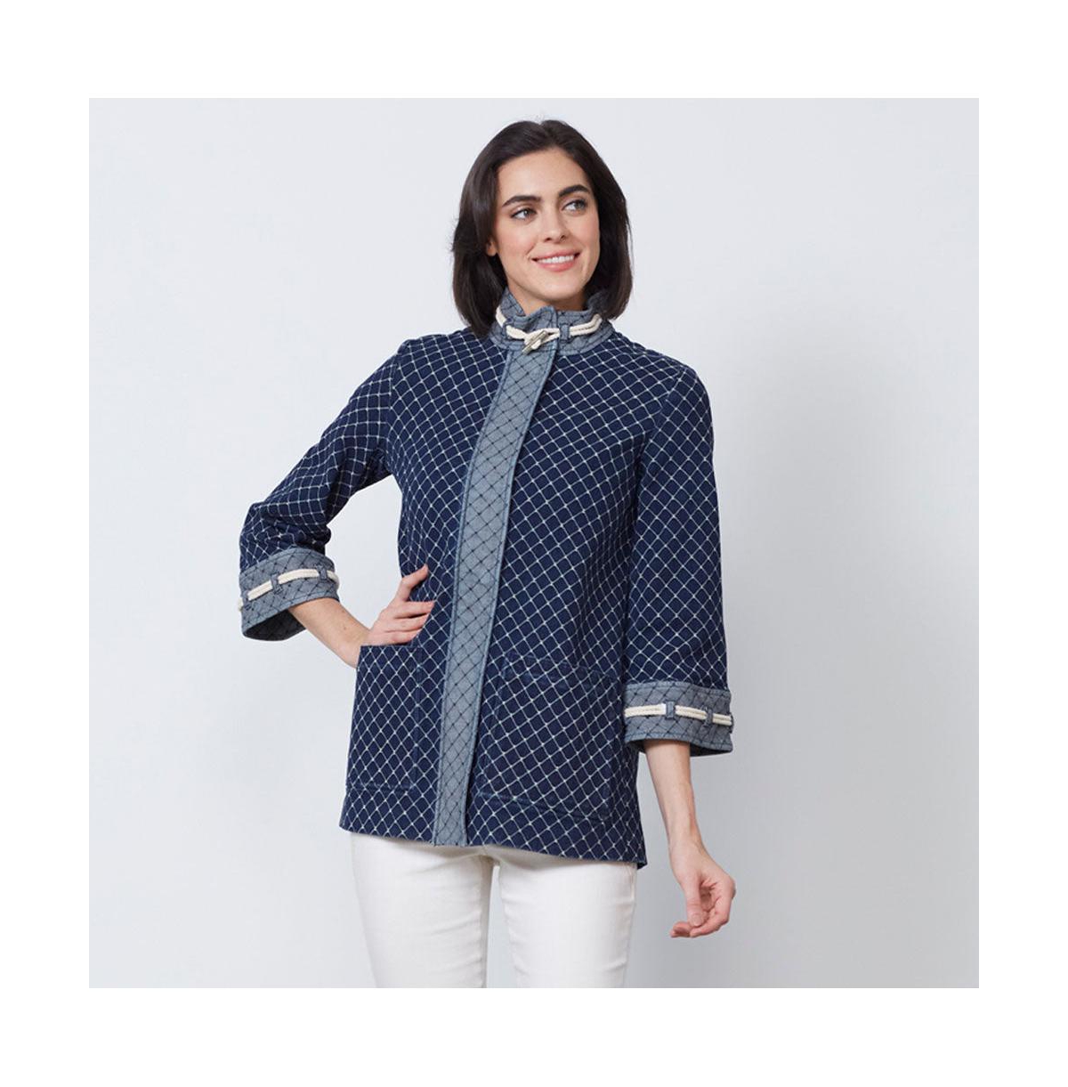 Women's Fishnet Jacquard Denim Coat Marseille - Indigo blue/ivory white
