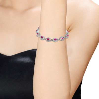 Cubic Zirconia Sterling Silver Red Cubic Zirconia Link Fashion Bracelet