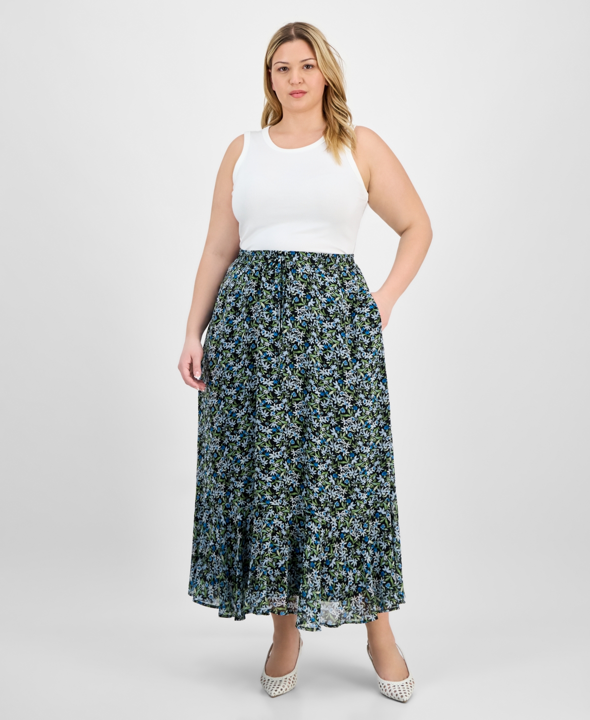 Trendy Plus Size Floral Femme Drawstring Maxi Skirt, Exclusively at Macy's - Deep Black