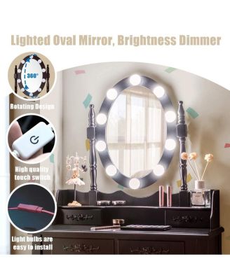 2-Pc. Wood Touch-Switch Lighted Mirror Makeup Dressing Table Set with Cushioned Stool
