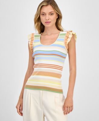 T Tahari - Women's Striped Ribbed Flutter-Sleeve Scoop-Neck Top
