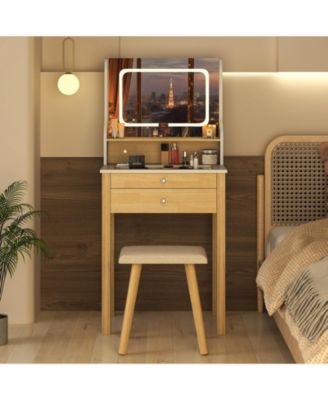 2Pc Adjustable LED Lighted Mirror and Power Outlets Small Vanity Desk Set