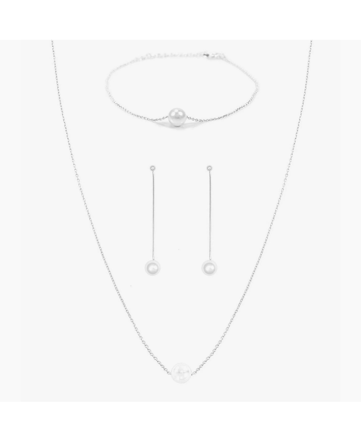 Sterling Silver Abby Single Cultured Pearl Bracelet, Necklace & Dangled Drop Earrings Set - White Gold