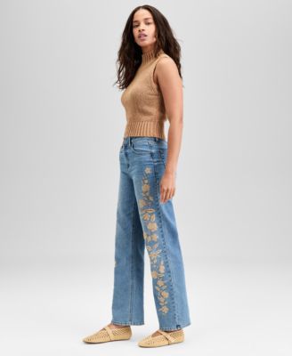 Women's Embroidered High Rise Straight-Leg Jeans, Exclusively at Macy's