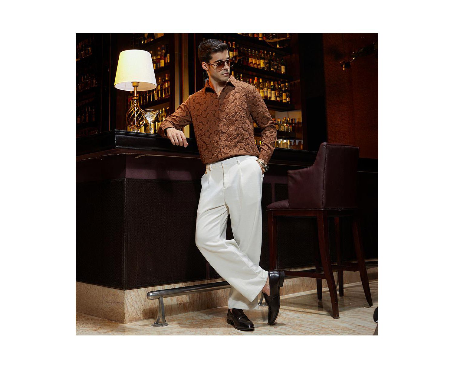 Men's Cream White Waffle-Pleated Straight Trousers