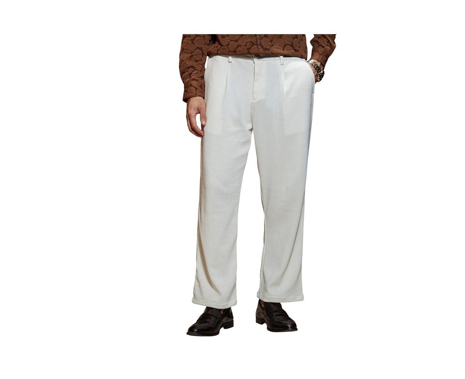 Men's Cream White Waffle-Pleated Straight Trousers