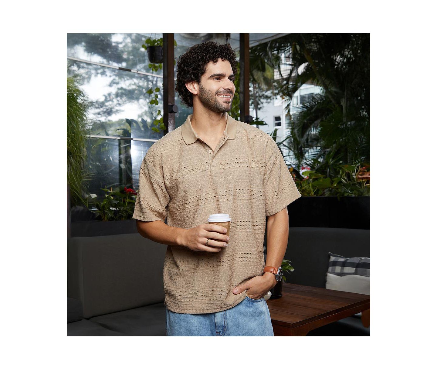 Мужская футболка Cahoot Campus Sutra Buff Beige Bohomian Oversized Polo, цвет: Бежевый / Хаки — фото 2