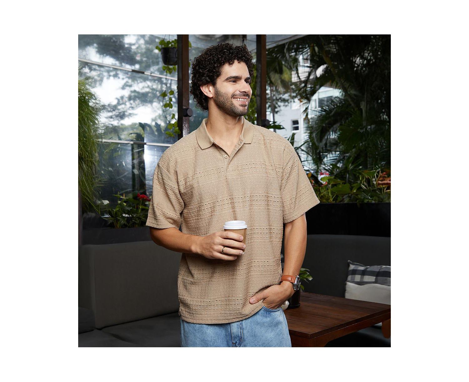 Men's Buff Beige Bohomian Oversized Polo T-Shirt