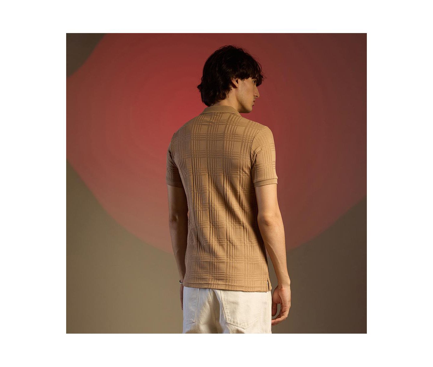 Мужская футболка Cahoot Buff Beige Intertwine-Textured Polo, цвет: Бежевый / Хаки — фото 5