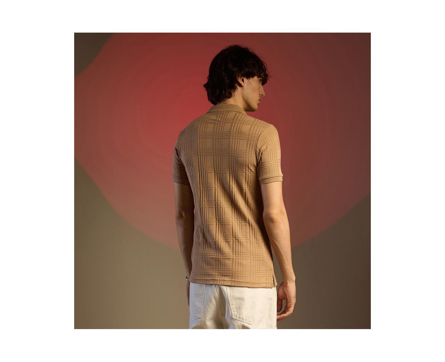 Men's Buff Beige Intertwine-Textured Polo T-Shirt