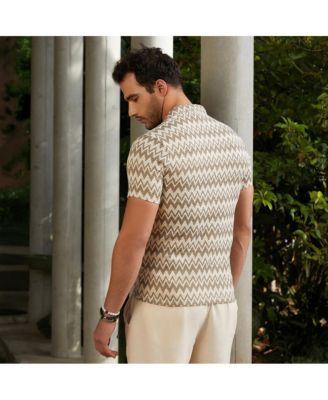 Men's French Beige & Off White Zig-Zag Knit Polo T-Shirt