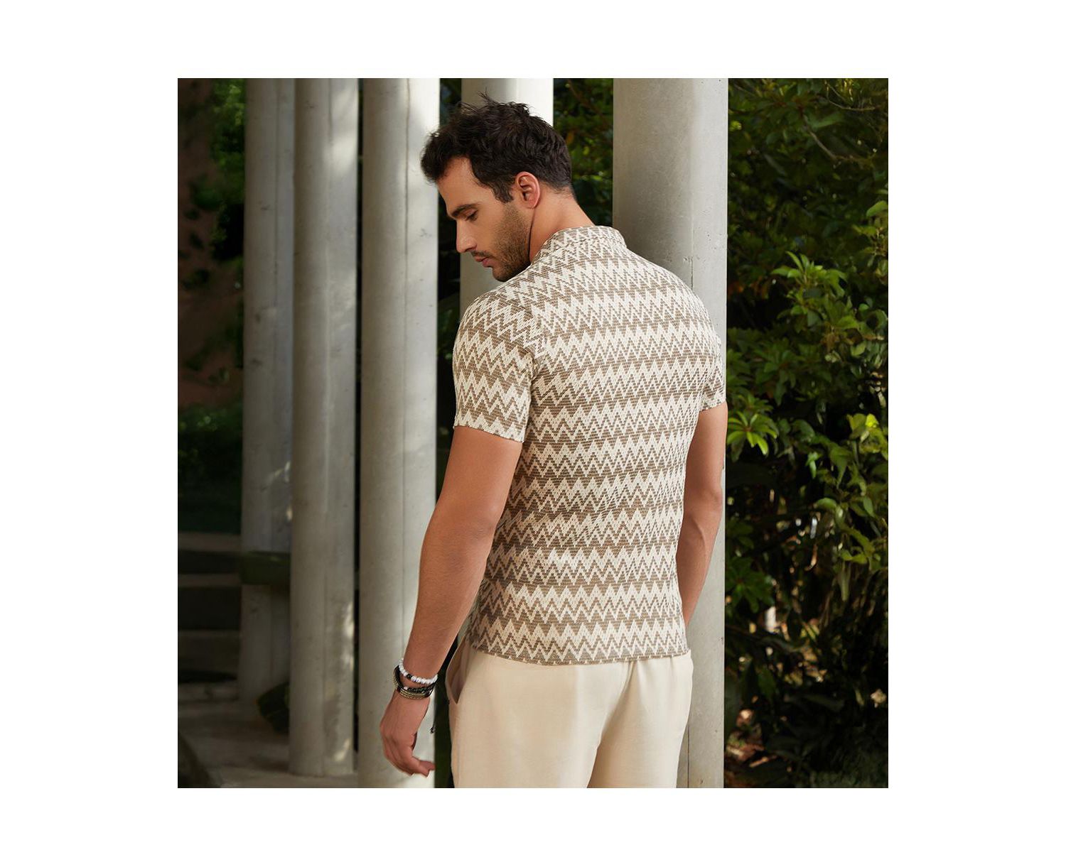 Men's French Beige and Off White Zig-Zag Knit Polo T-Shirt