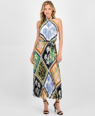 T Tahari - Women's Printed Tie-Waist Pleated-Skirt Halter Maxi Dress