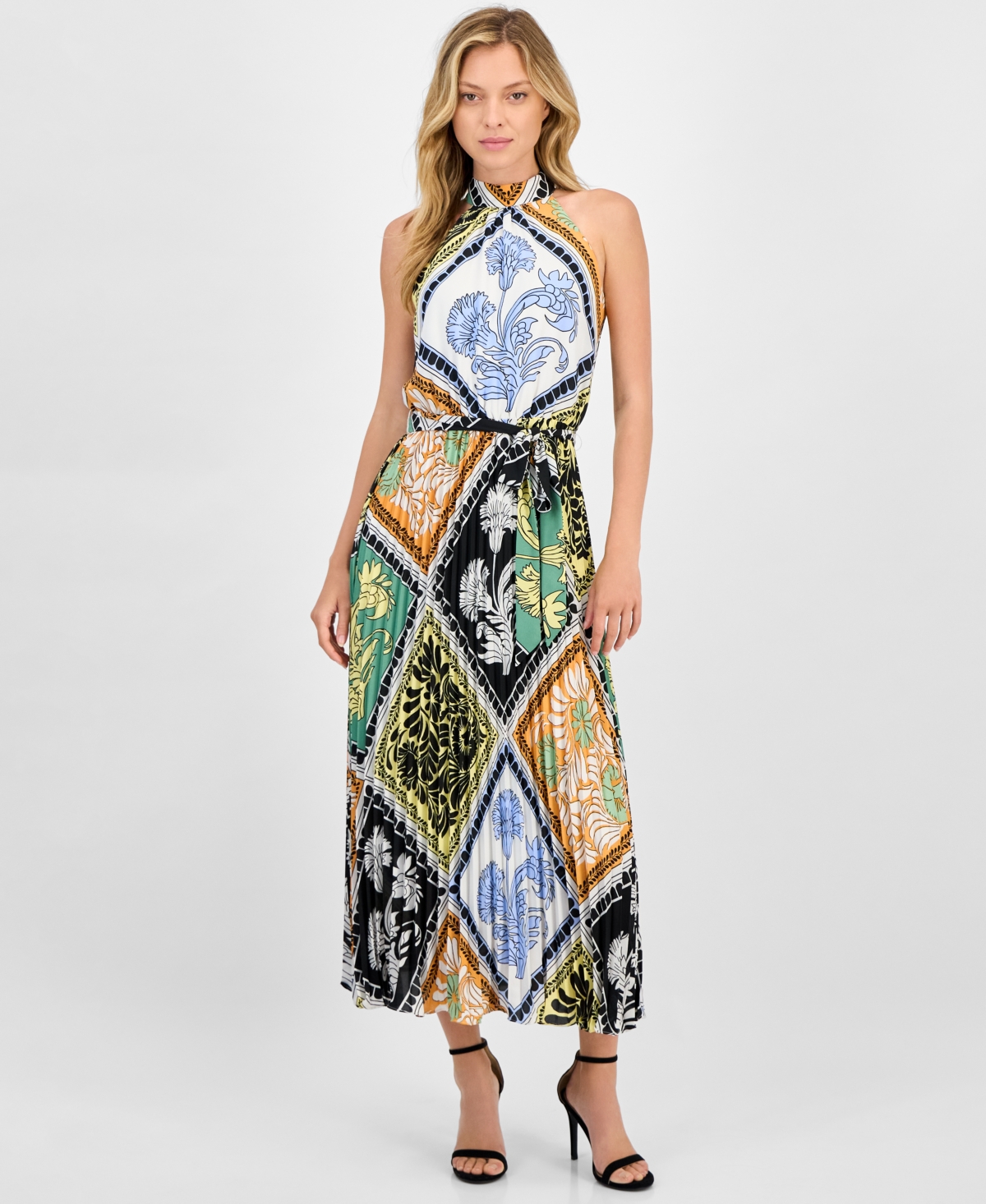 Women's Printed Tie-Waist Pleated-Skirt Halter Maxi Dress - Hillside Garden Print