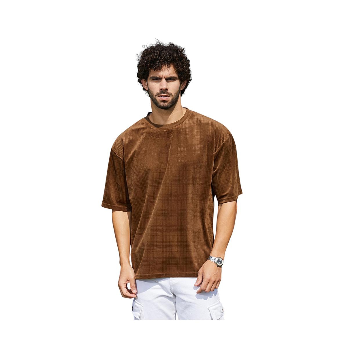 Men's Chocolate Brown Tartan-Plaid Oversized T-Shirt - Brown