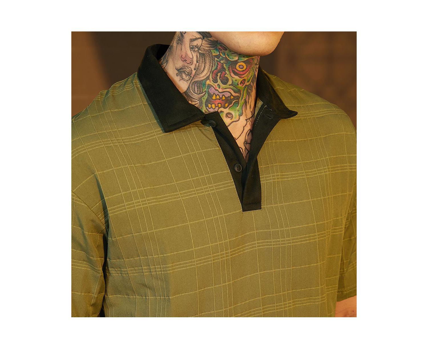 Men's Olive Green and Onyx Black Contrast Grid Polo T-Shirt