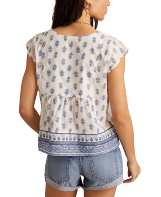Women's Cotton Mixed-Print Peasant Blouse