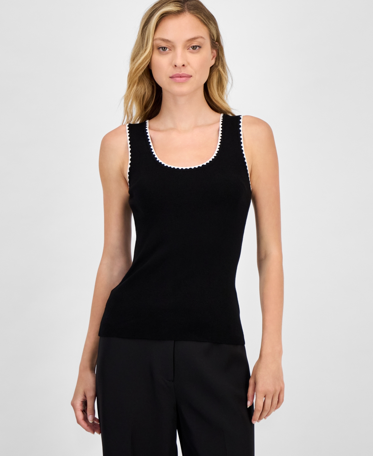 T Tahari Sleeveless Scoop Neck Whipstitch Sweater In Black