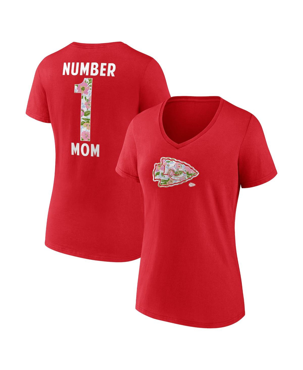 Women's Red Kansas City Chiefs Number 1 Mom Floral V-Neck T-Shirt - Red