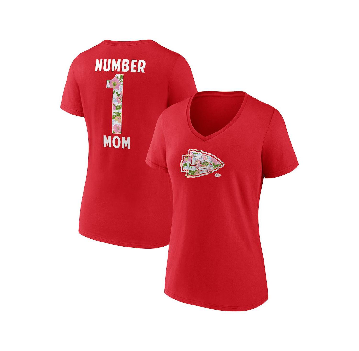 Women's Red Kansas City Chiefs Number 1 Mom Floral V-Neck T-Shirt