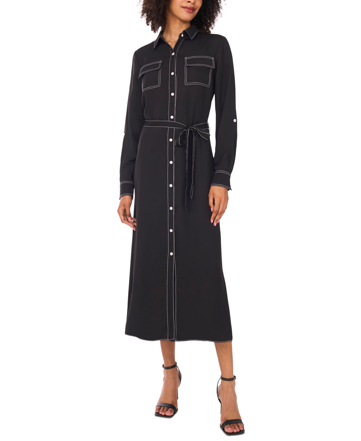 Women's Contrast-Stitching Shirtdress - Rich Black