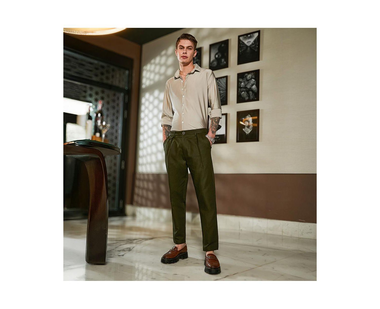 Men's Juniper Green Striped Tailored Trousers