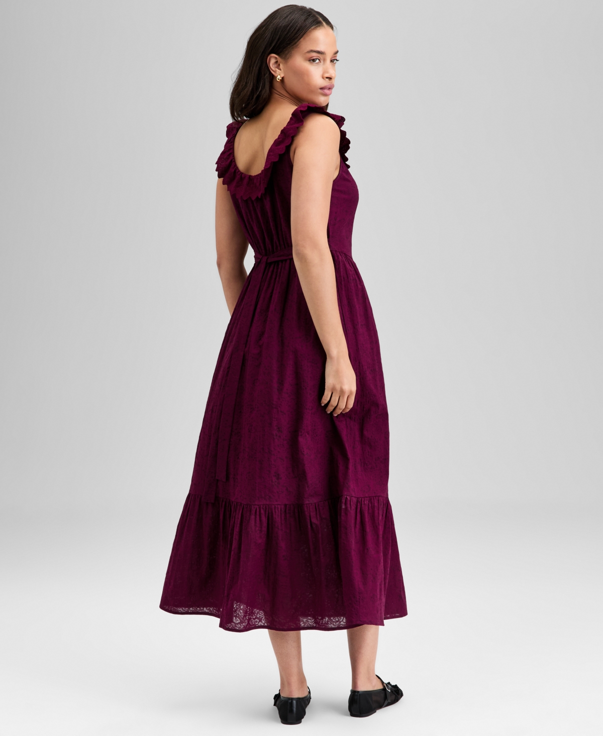 And Now This Women's Cotton Ruffle-trim Scoop-neck Voile Maxi Dress, Exclusively At Macy's In Burgundy