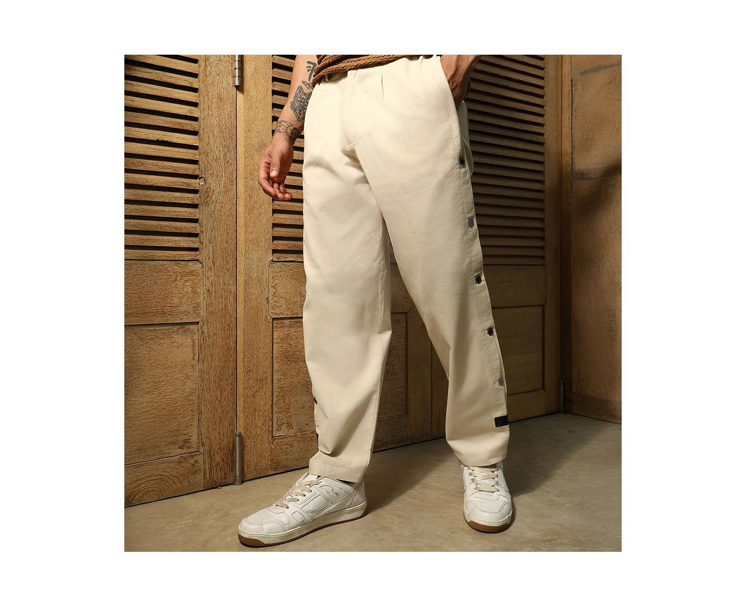 Men's Off-White Side-Snap Straight Trousers