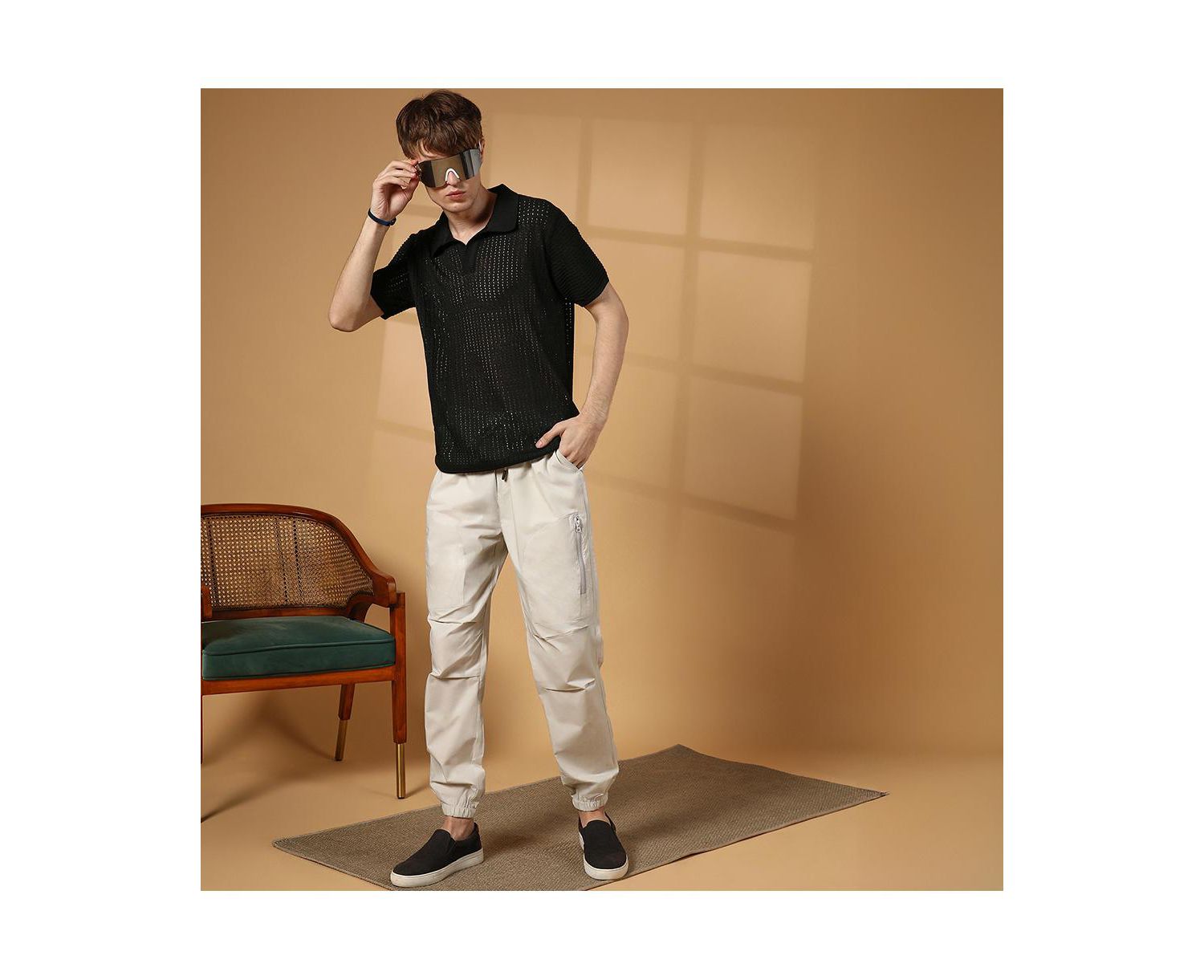Men's Raven Black Textured-Knit Polo T-Shirt