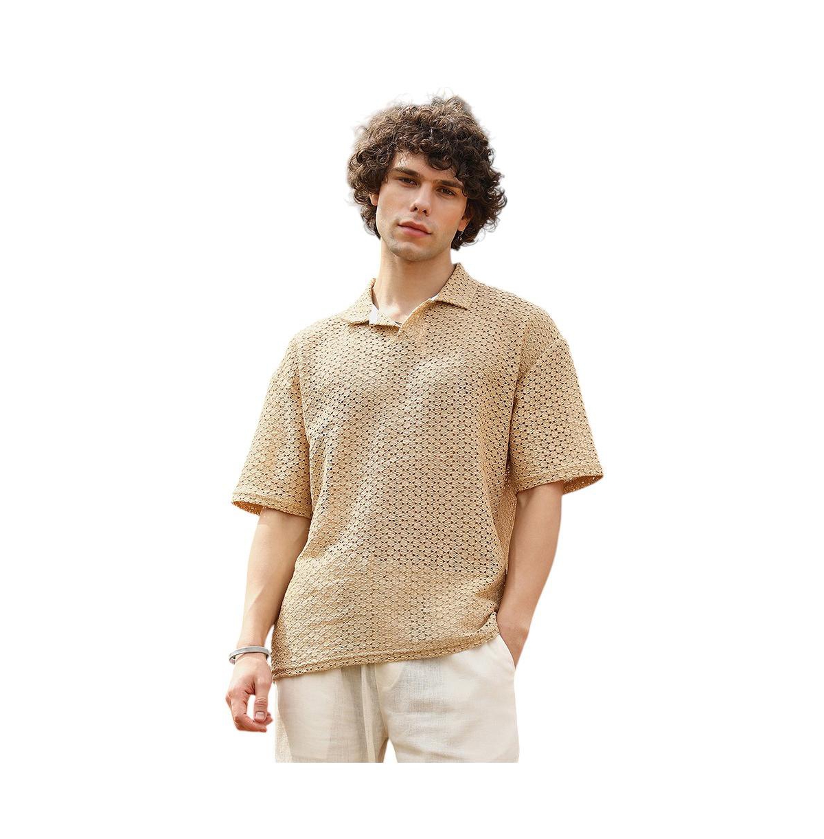 Men's Buff Beige Lozenge Oversized Polo T-Shirt - Beige/khaki