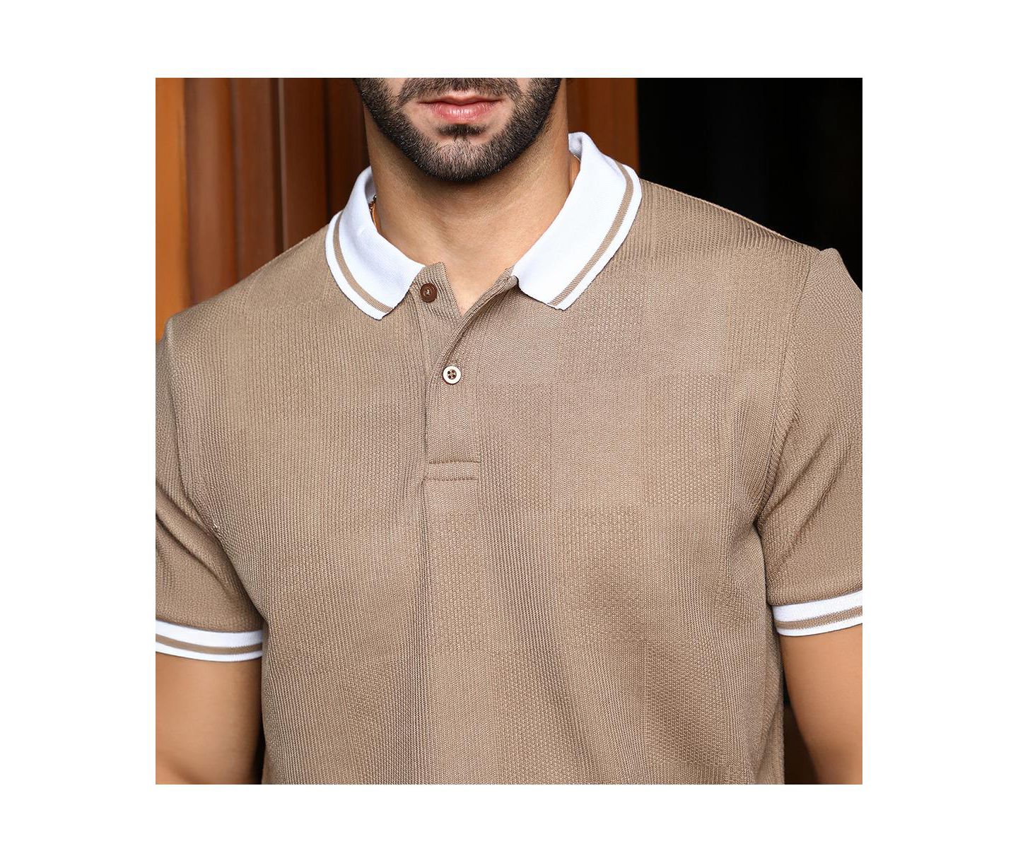 Мужская футболка Cahoot Campus Sutra Sand Beige Cuboid-Stripe Polo, цвет: Бежевый / Хаки — фото 6