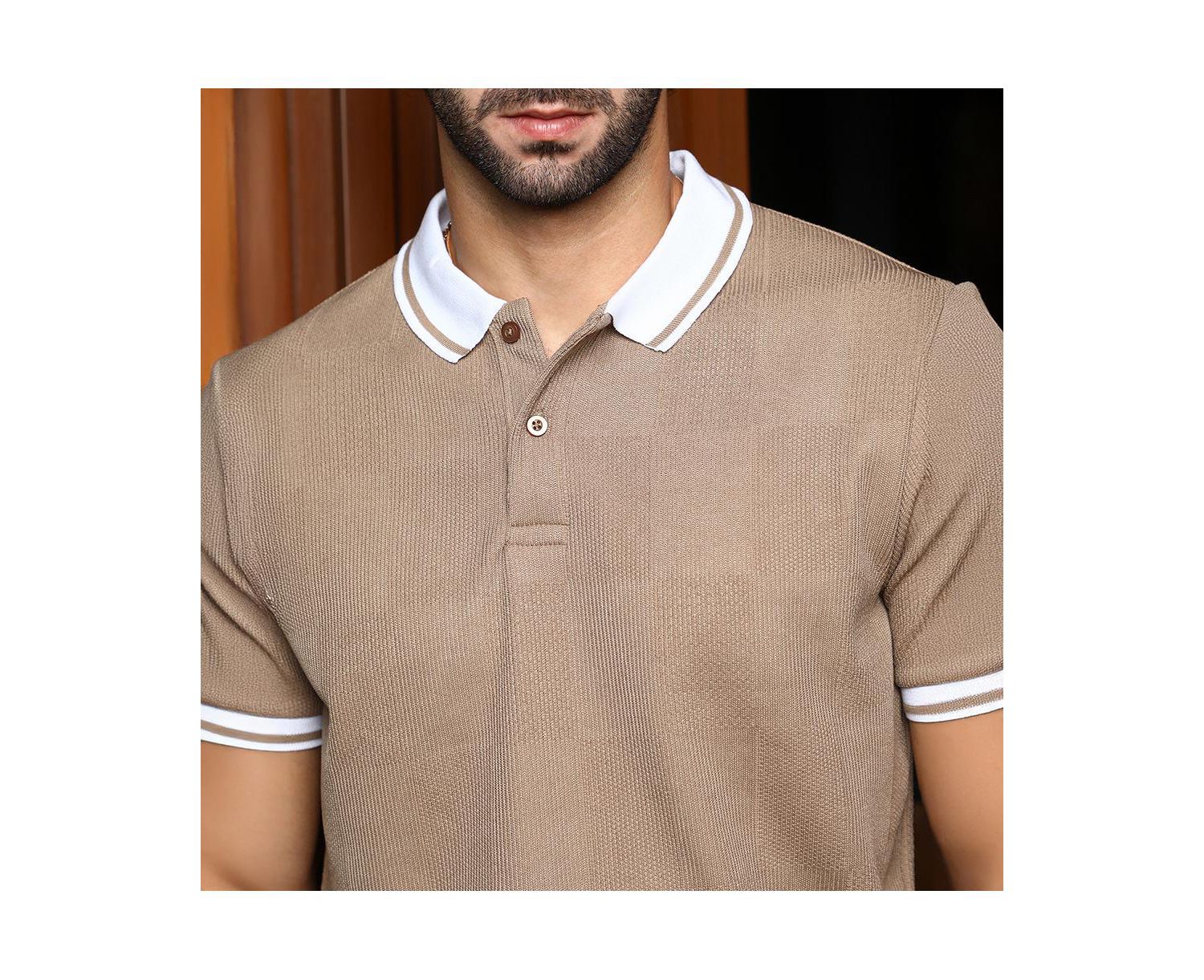 Men's Sand Beige Cuboid-Stripe Polo T-Shirt