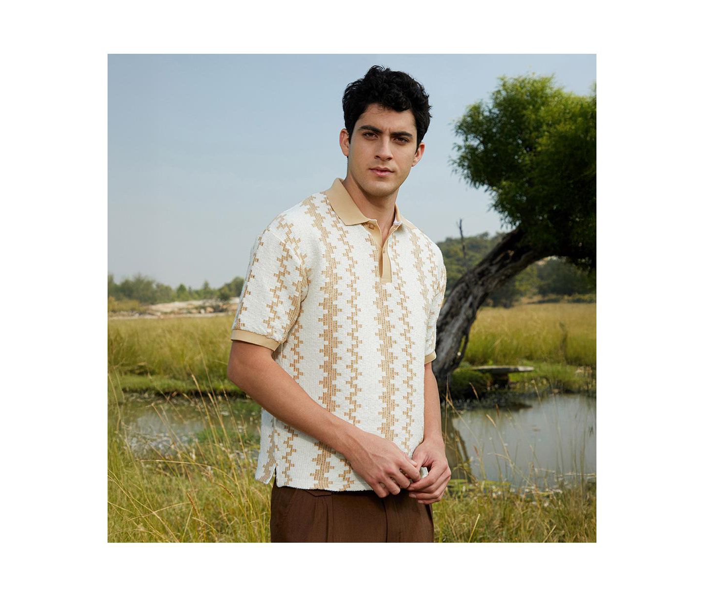 Мужская футболка Cahoot Campus Sutra Buff Beige & Cream White Indie-Block Polo, цвет: Бежевый / Хаки — фото 4