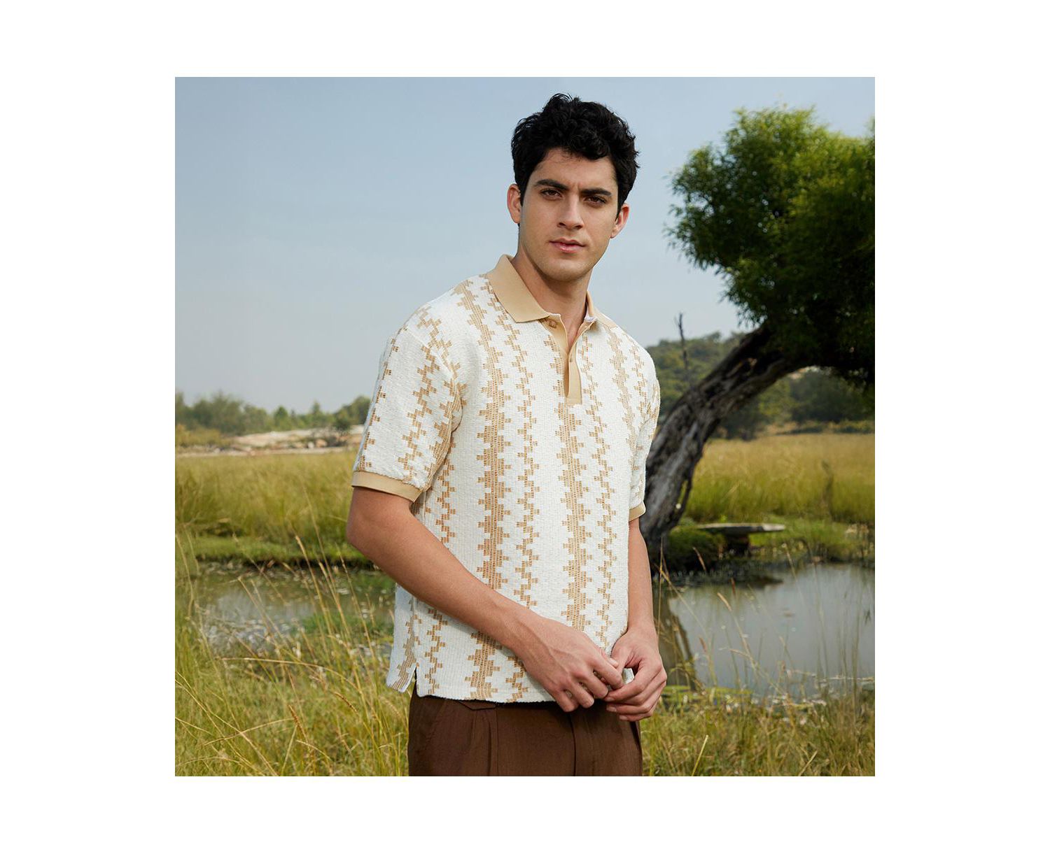 Men's Buff Beige & Cream White Indie-Block Polo T-Shirt