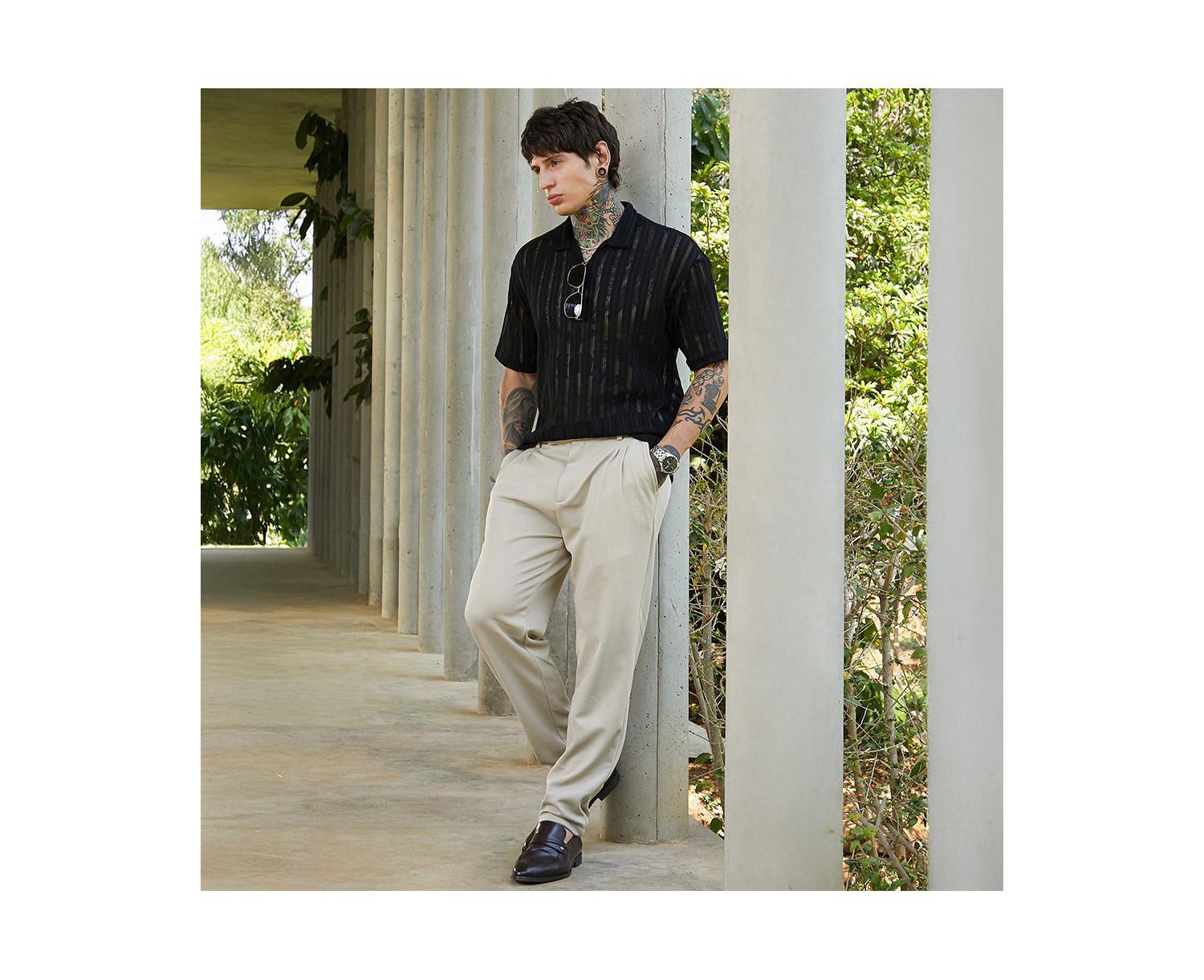 Men's Onyx Black Duo-Striped Relaxed Polo T-Shirt