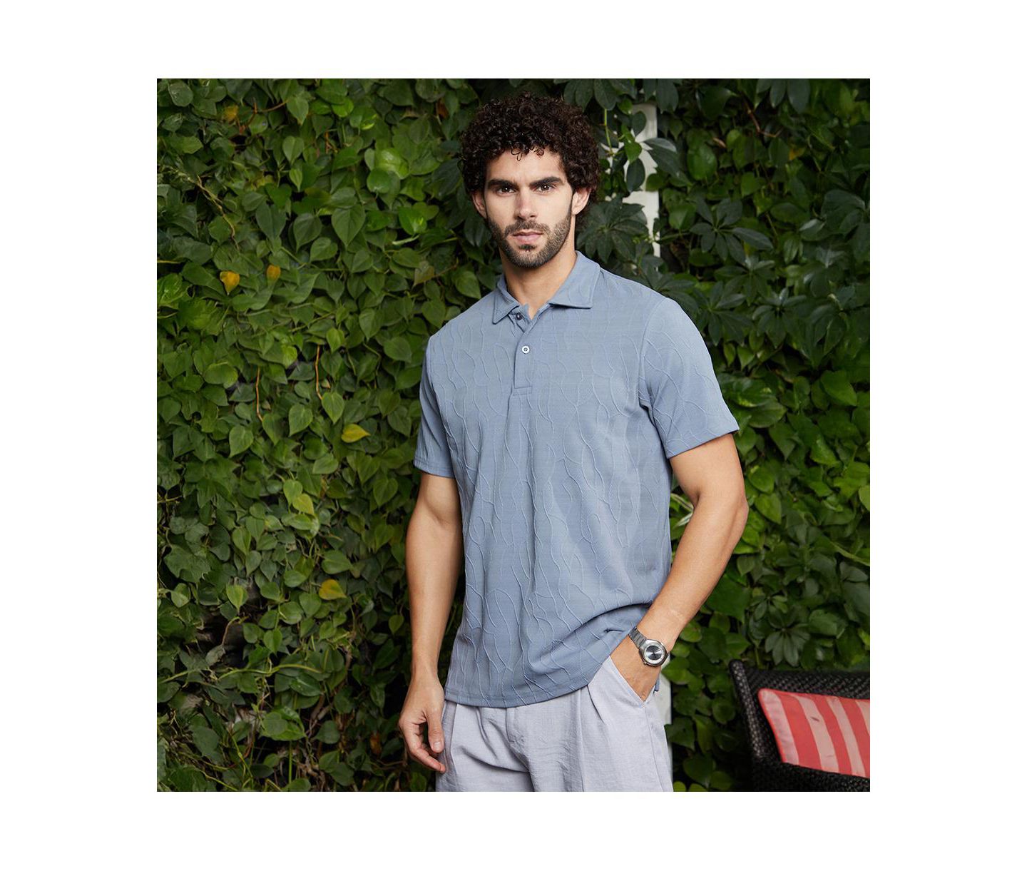 Мужская футболка Cahoot Campus Sutra Powder Blue Veined-Tactile Polo, цвет: Синий — фото 4