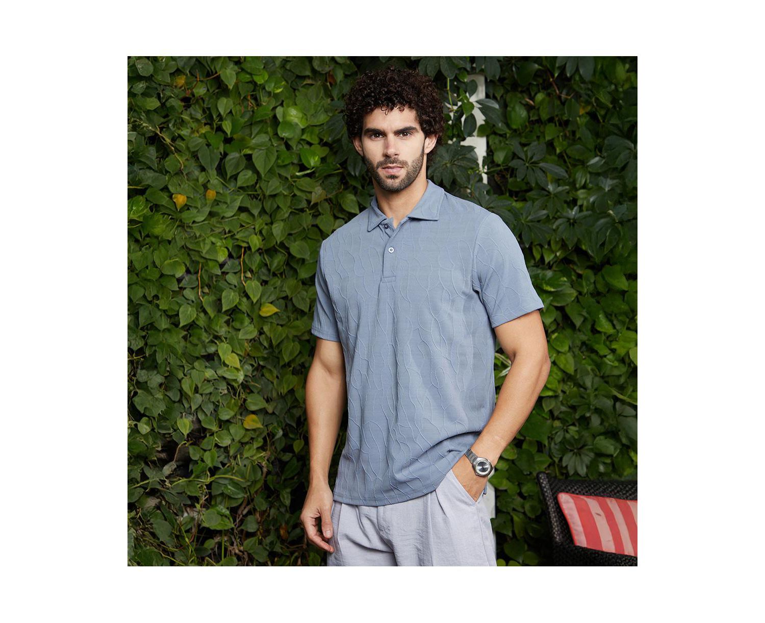 Men's Powder Blue Veined-Tactile Polo T-Shirt